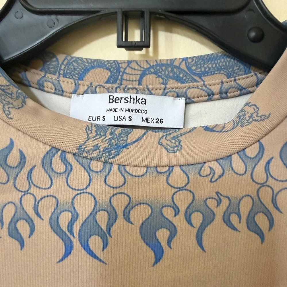 Berksha High Cut Dragon Print Bodysuit in Camel and Light Blue - Size S